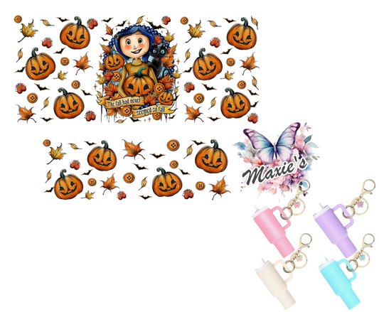 Coraline Spooky Pumpkin Theme UVDTF Mini Stanley Tumblr Keychain Decal