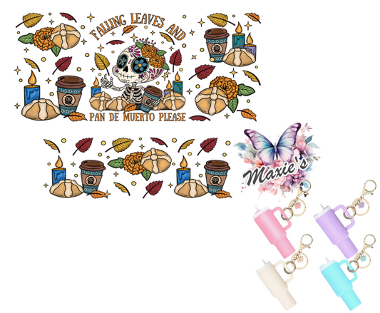 Falling Leaves & Pan De Muerto Graphic Design UVDTF Mini Stanley Tumblr Keychain Decal