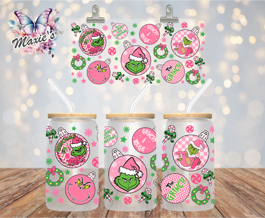 Pink Grinchmas Vibes Graphic Design 16oz. UVDTF Cup Wrap