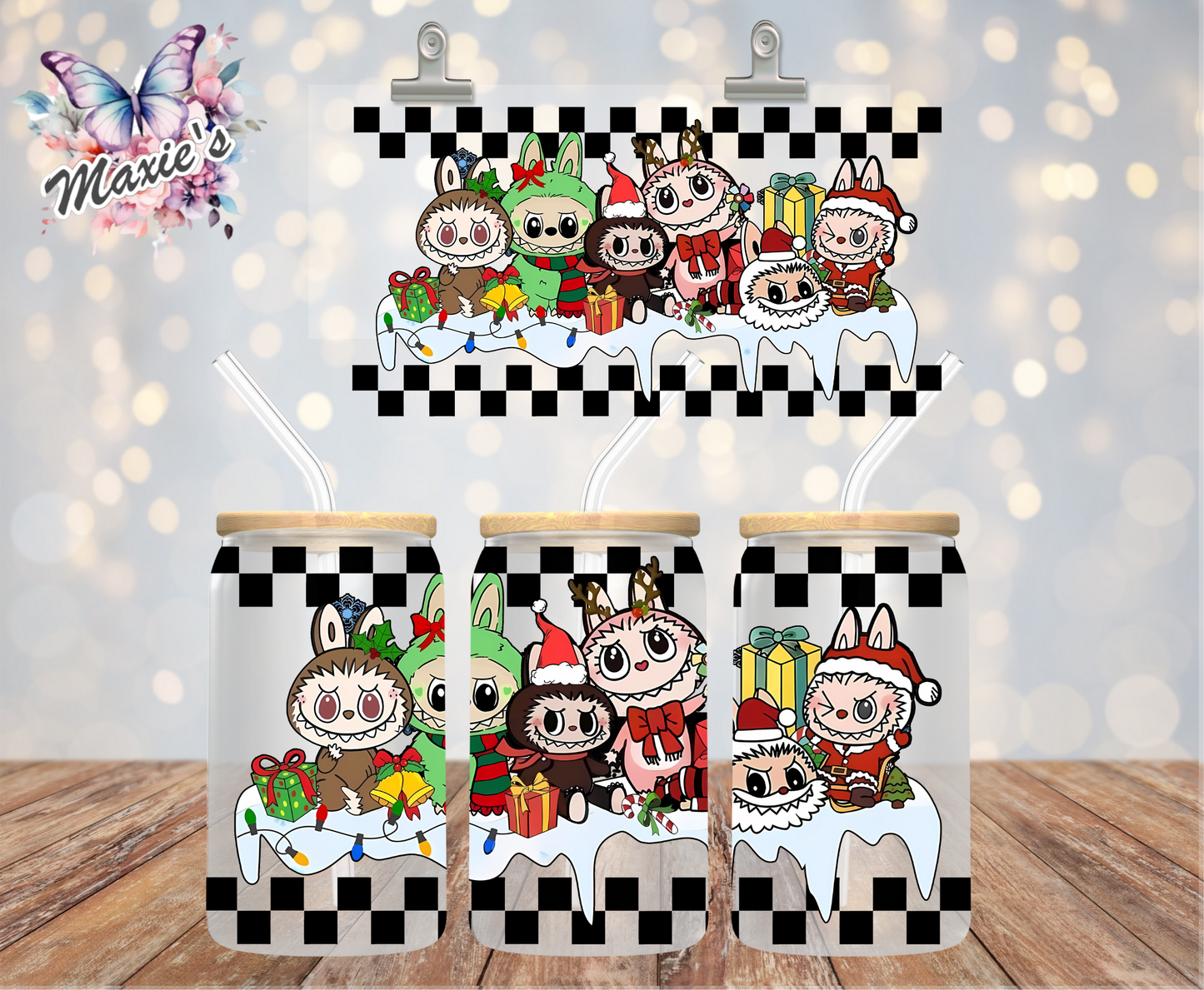 Checkered Theme Christmas Labubu Graphic Design 16oz. UVDTF Cup Wrap