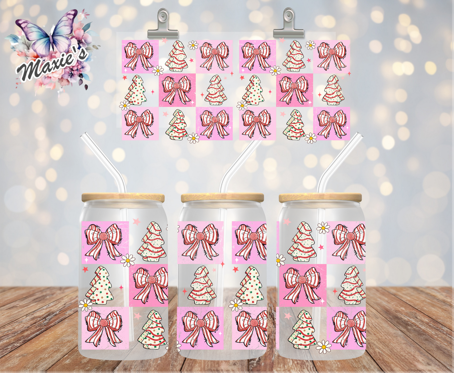 Pink Coquette & X'mas Dessert Cakes Checkered Theme 16oz. UVDTF Cup Wrap