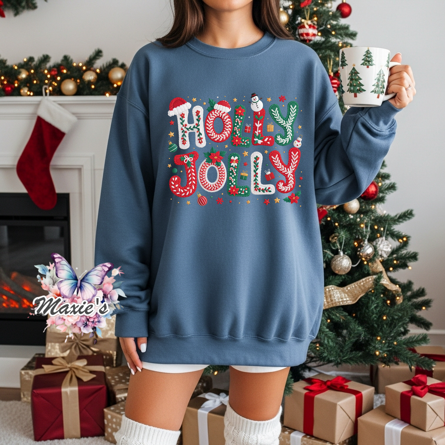 Holly Jolly Faux Crochet Graphic Design DTF Transfer Print