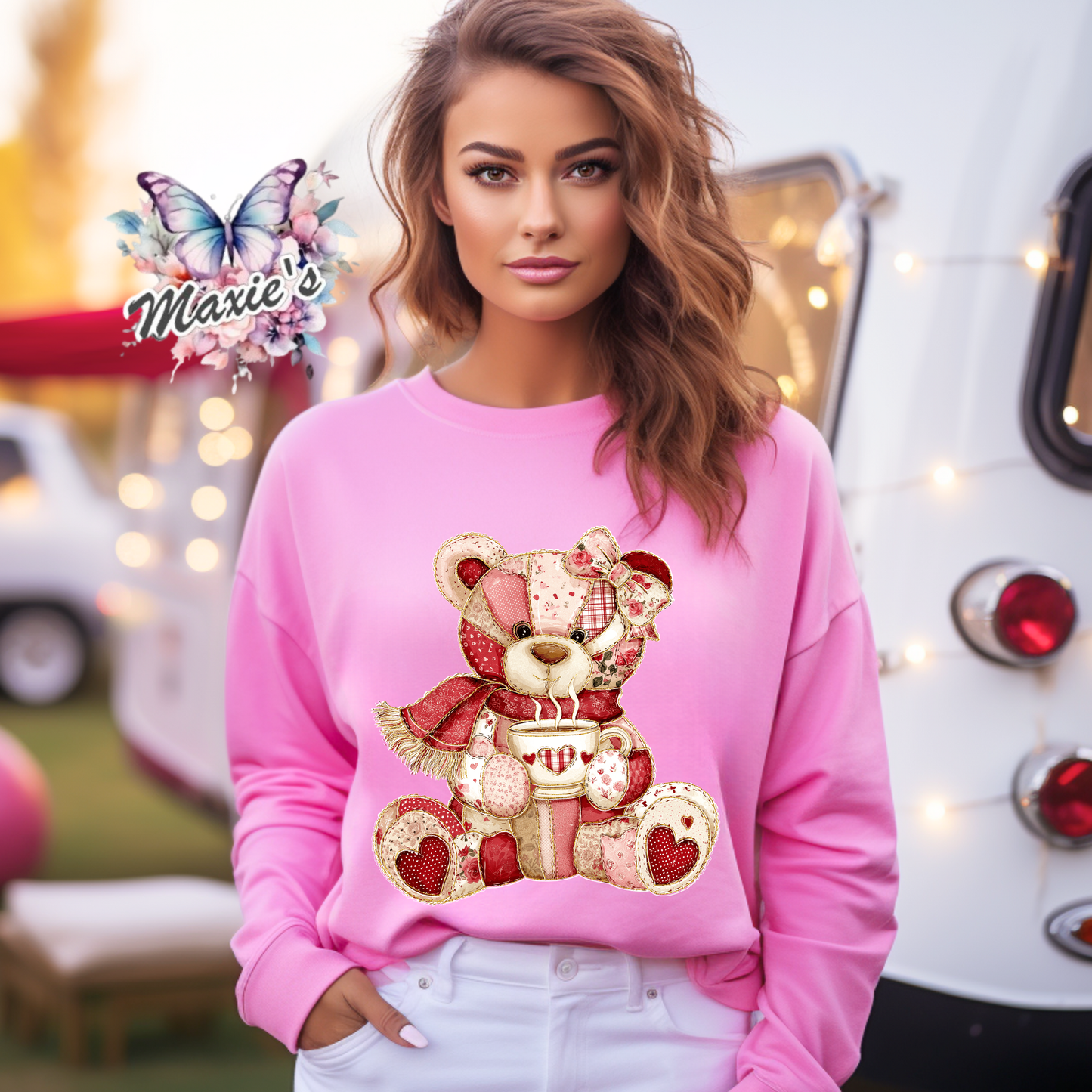 Faux Fabric Patched Themed Love Bear Graphic Design DTF Transfer Print